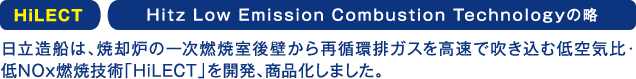 HiLECT Hitz Low Emission Combustion Technologyの略 日立造船は、焼却炉の一次燃焼室後壁から再循環排ガスを高速で吹き込む低空気比・低NOx燃焼技術「HiLECT」を開発、商品化しました。